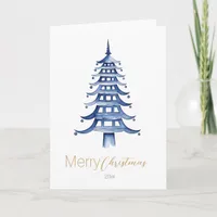 Blue Chinoiserie Pagoda Christmas Tree  Card