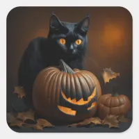 Black Cat and Jack-O-Lantern Square Sticker