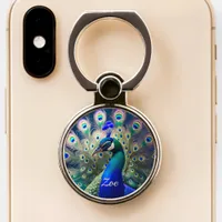 Gorgeous peacock with teal and gold plumage phone ring stand