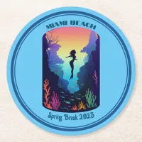 Miami Beach Spring Break 2023 Mermaid Reef Round Paper Coaster