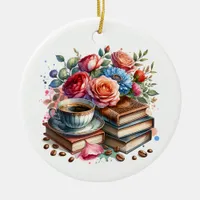 Rise and Shine Vintage Coffee Cup and Flowers Ceramic Ornament