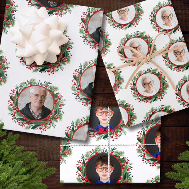 Christmas Wreath Family Photos Personalized Wrapping Paper Sheets