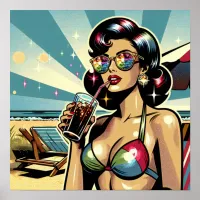 Beautiful Pinup Woman with a Cola on the Beach Poster