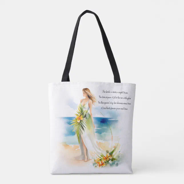 Bride standing by the beach | Watercolor Wedding Tote Bag