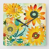 Pretty Folk Art Yellow Flowers   Square Wall Clock