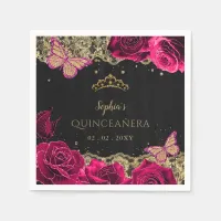 Vintage Pink Roses Black Gold Lace Quincea&#241;era Napkins