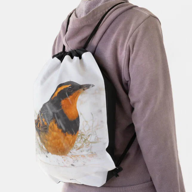 Beautiful Varied Thrush Songbird on Snowy Day Drawstring Bag