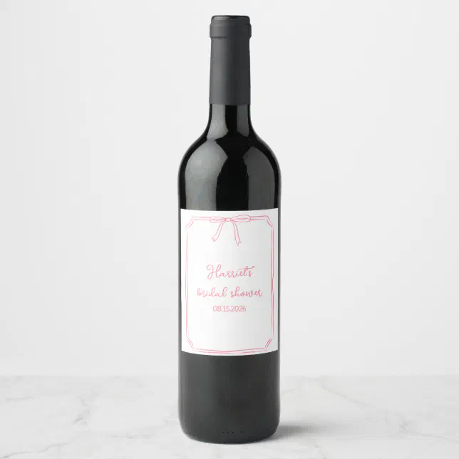 Hand Drawn Bow Pink Bridal Shower Thank You Wine Label