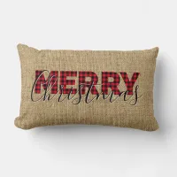 Red Buffalo Plaid and Calligraphy Merry Christmas Lumbar Pillow