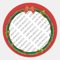 Christmas Wreath Add Your Photo & Red Background Classic Round Sticker