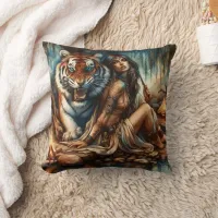 Native American Woman With Tiger Near Campfire Throw Pillow