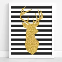 Gold Glitter Deer Black & White Stripes Poster