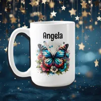 Pretty Blue Butterfly and Flowers Personalized Coffee Mug