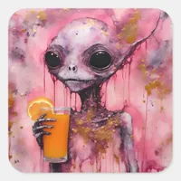 Pink Alien With An Orange Juice Square Sticker