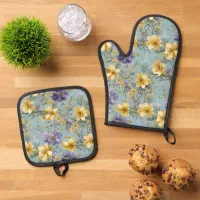 Patterned Yellow Violet Flowers Elegant Floral Oven Mitt & Pot Holder Set