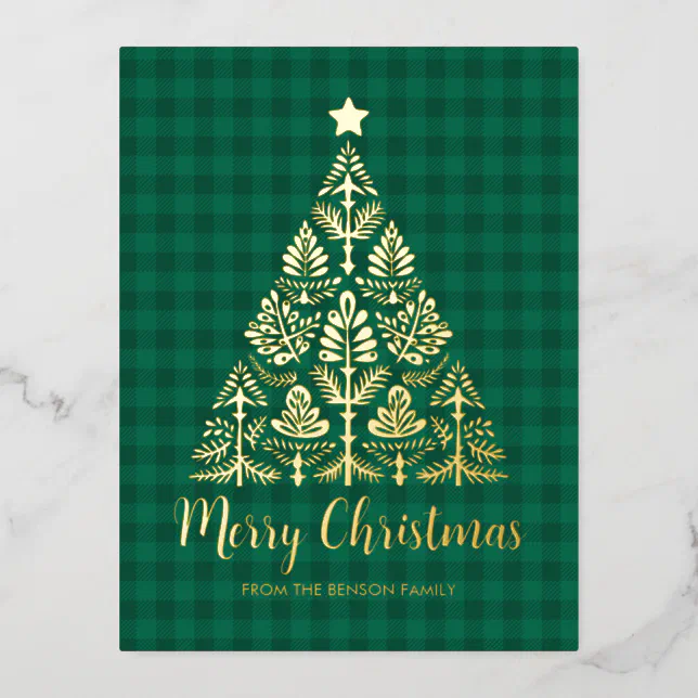 Nordic Folk Art Christmas Tree in Gold  Foil Holiday Postcard