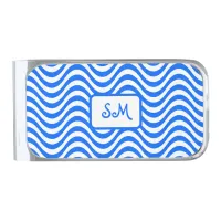 Monogram Blue & White Wavy Stripes Psychedelic Silver Finish Money Clip