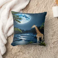 Giraffe By Moonlit River Under Starlit Sky Throw Pillow