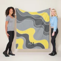 Yellow Grey Abstract Ocean Waves Monogram Fleece Blanket