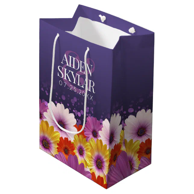 Elegant Golden Daisies with Purple Glitter Wedding Medium Gift Bag