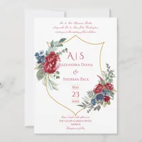 Vintage Floral Magenta Crest Monogram Wedding Invitation