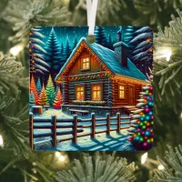 Log Cabin on Christmas Eve Personalized Metal Ornament