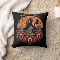 Halloween bears with witch and castle throw pillow