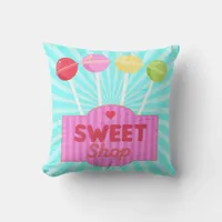 Retro Sweet Shop Pastel Candy Lollipops on Stripes Throw Pillow