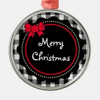 Buffalo Plaid Merry Christmas Black and White   Metal Ornament