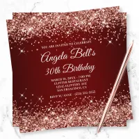 Sparkly Rose Gold Glitter Dark Red 30th Birthday Invitation