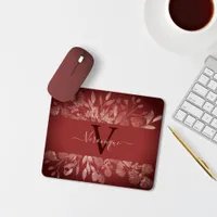 Vintage Elegant Monogram Red Beige Floral Leaf  Mouse Pad