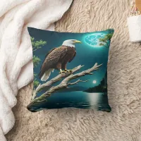 Eagle Perched on a Branch by Moonlit River Throw Pillow