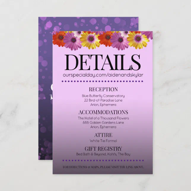 Elegant Golden Daisies with Purple Glitter Wedding Enclosure Card
