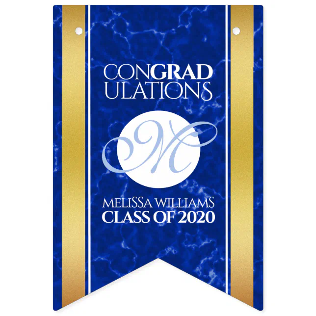 Elegant Graduation Monogram Blue Marble Gold Foil Bunting Flags