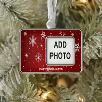 Custom Holiday Photo White Snowflakes in Red Christmas Ornament