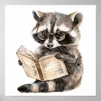 Nursery Art Poster Raccoon Reading with Eyeglasses