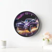 Vivid hotrod cruising along a scenic twilight road clock