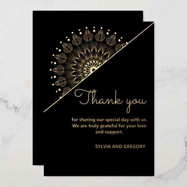 Elegant stylish black mandala foil thank you card