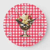 Ice Cream Sundae with Cherries Red Checkered Large Clock