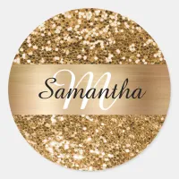 Sparkly Gold Glitter Shimmer Monogram Classic Round Sticker