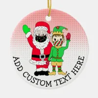 Santa and Elves in Facemasks Custom Text Ceramic Ornament