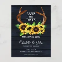 Navy sunflowers antlers country chic wedding announcement postcard