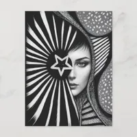 Black and White Abstract Face and Star Postcard