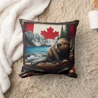 Beaver in Canadian Wilderness With Flag Background Throw Pillow