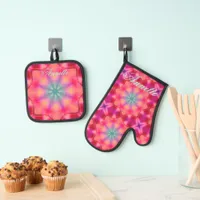 Monogram Name Colorful Blue Star Pattern | Oven Mitt & Pot Holder Set