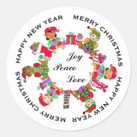 Joy, Peace, Love Little Whimsical Elves Classic Round Sticker