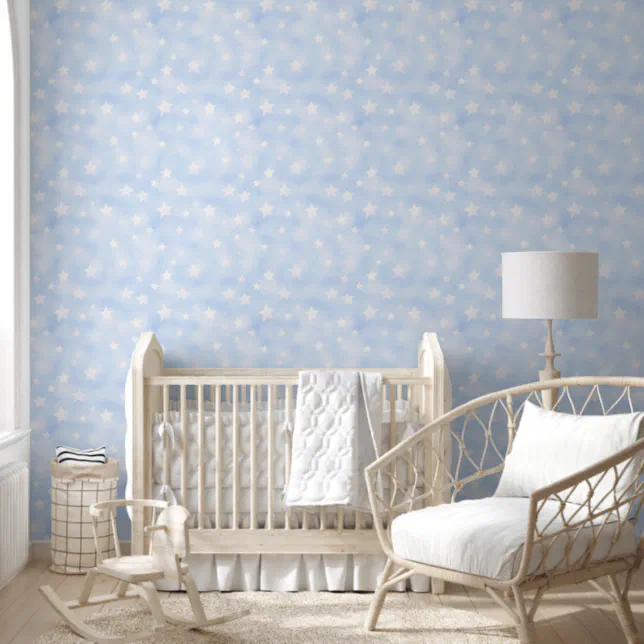 Soft Watercolor Pattern Blue Stars Nursery Room Wallpaper