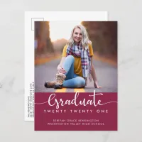 Modern Elegant Burgundy Graduation Script Photo  Announcement Postcard