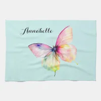 Delicate Pink Butterfly in Pastel Rainbow Colors Kitchen Towel