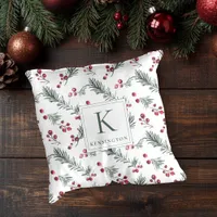 Rustic Christmas Watercolor Botanical Monogram Throw Pillow